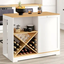 Tavolo bar a isola da 113 cm con portabottiglie in legno bianco e piano in faggio - VITO | IdMarket