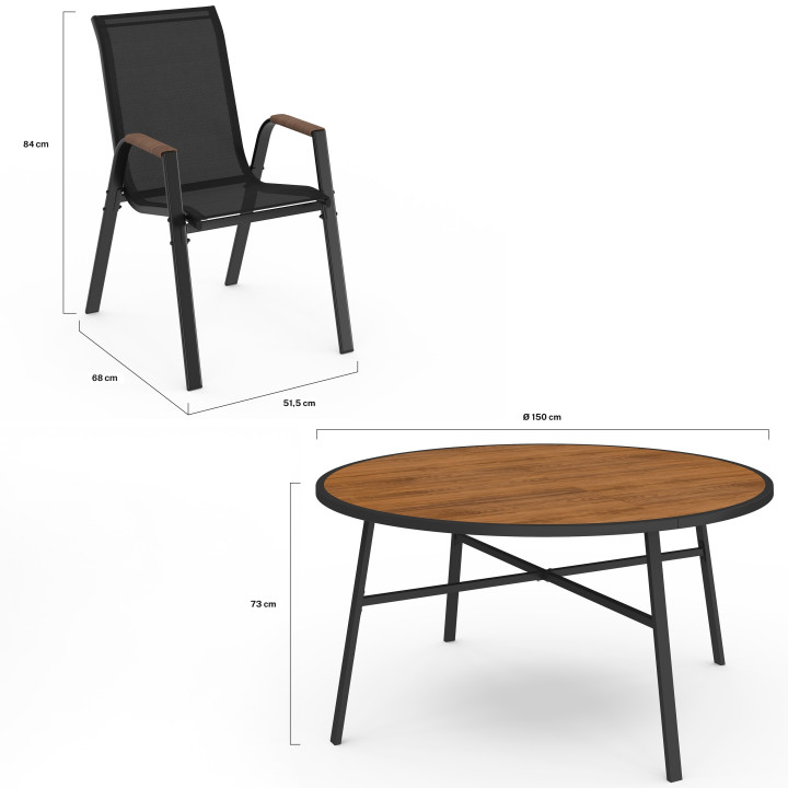 Set di mobili da giardino - Tavolo rotondo da 150 cm con piano in vetro temperato effetto legno e 8 sedie impilabili in legno e