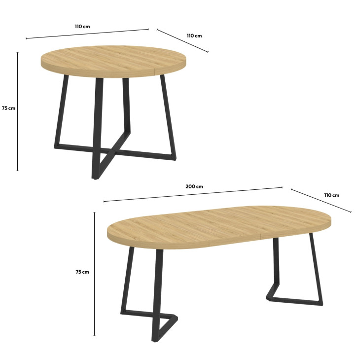 Tavolo da pranzo rotondo allungabile in legno 4-10 persone gambe nere 110-200cm - SELMA | ID Market