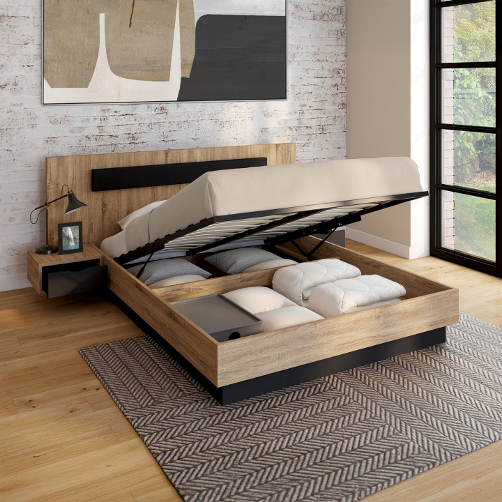 Letto matrimoniale in legno e nero 140 x 190 cm con rete e comodini - SANTA | IdMarket