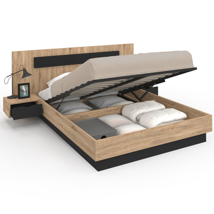 Letto matrimoniale in legno e nero 140 x 190 cm con rete e comodini - SANTA | IdMarket