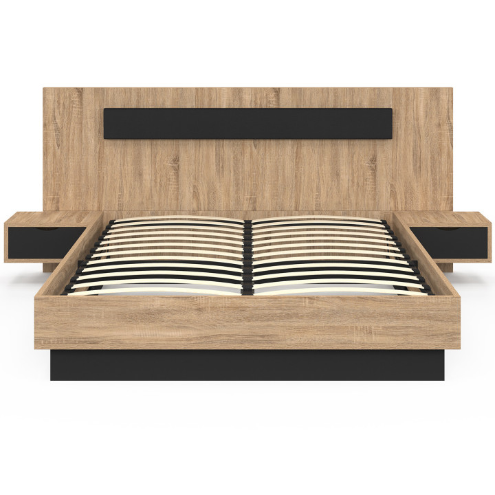 Letto matrimoniale in legno e nero 140 x 190 cm con rete e comodini - SANTA | IdMarket
