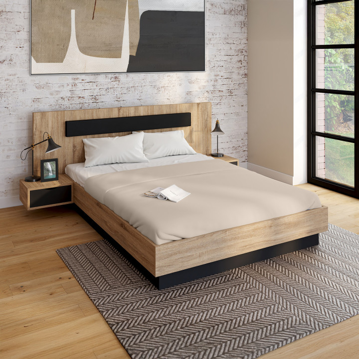 Letto matrimoniale in legno e nero 140 x 190 cm con rete e comodini - SANTA | IdMarket