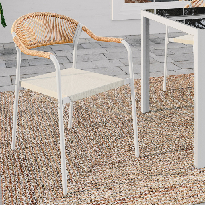Set di 6 sedie da giardino in metallo bianco con corde beige e textilene e rattan chiaro