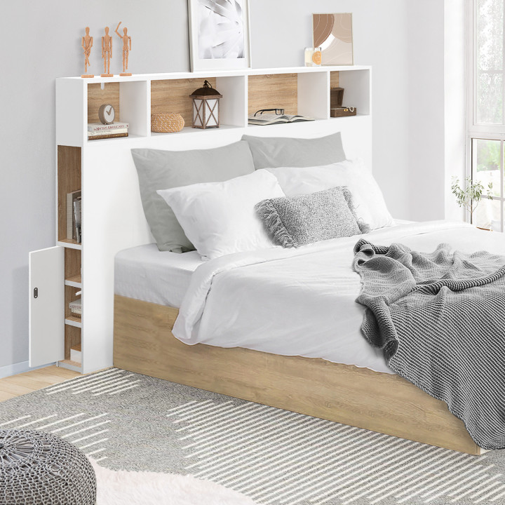 Testata in stile bianco e faggio con contenitore 145 cm - CLEO | ID Market