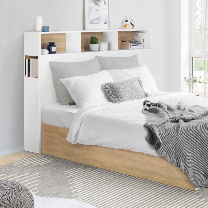 Testata in stile bianco e faggio con contenitore 145 cm - CLEO | ID Market