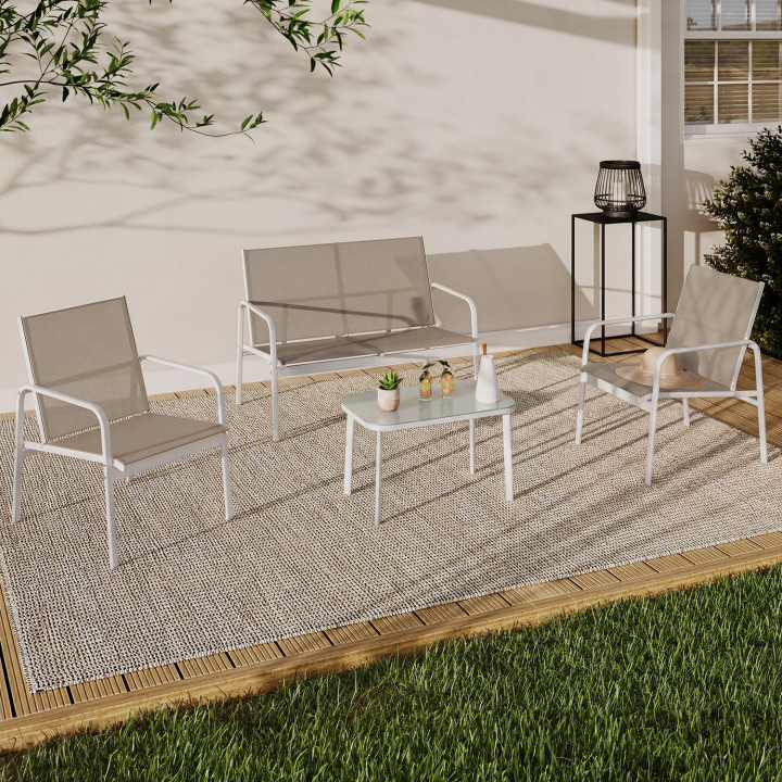 Set di mobili da giardino bassi a 4 posti MALTE con divano, poltrone e tavolo in legno e nero