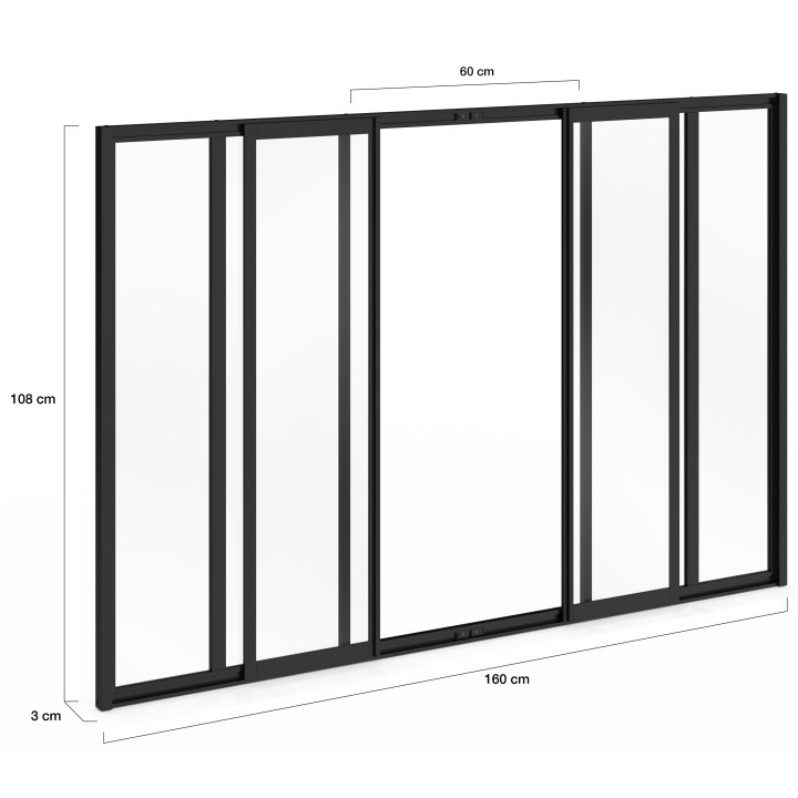Metallo nero e vetro temperato Tetto scorrevole a 6 vetri L. 160 x H. 108 cm