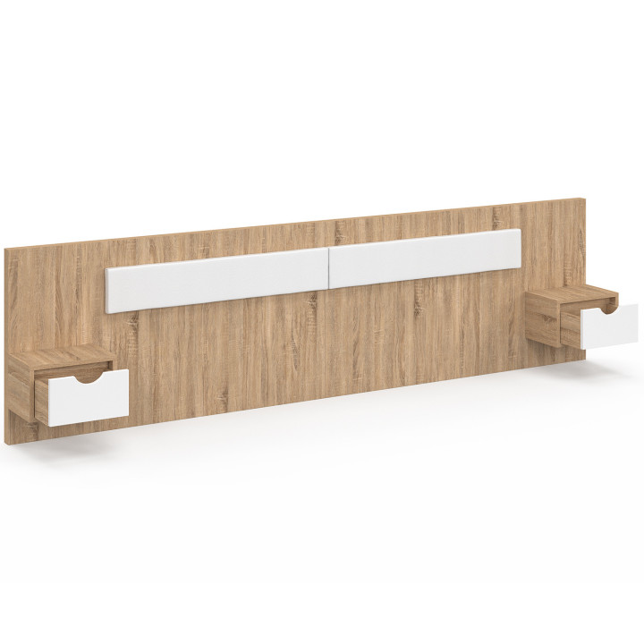 Testata sospesa SANTA con comodini per letti da 140, 160 e 180 cm in legno e bianco