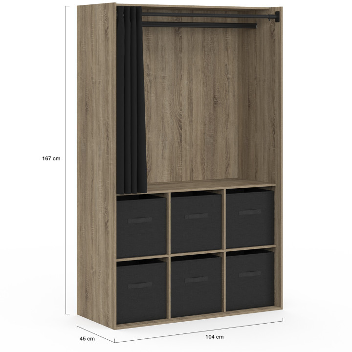 Armadio 104 x 50 x 172 cm in faggio con 6 contenitori + tenda nera - DIANE | Carrello Zen! IDMarket