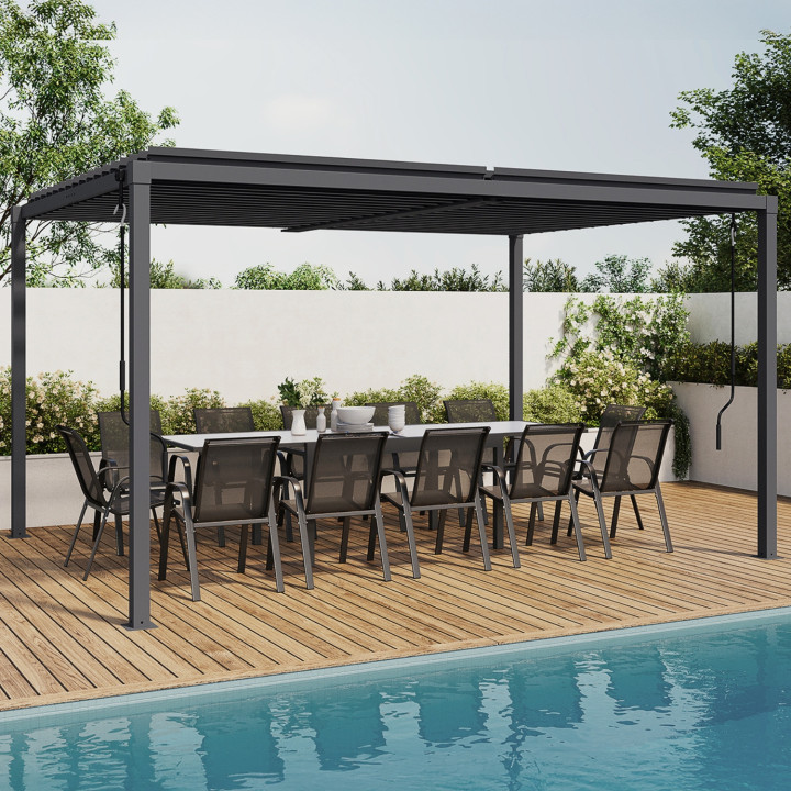 Pergola bioclimatica a lamelle orientabili 3x4 M in acciaio grigio antracite | ID Market