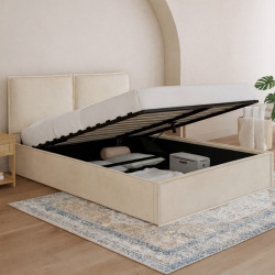 Letto matrimoniale a cassettone, testata, cuscino, base in velluto beige - PILOU | PILOU.COMIDMarket