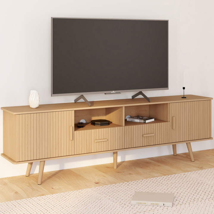 Mobile TV da 180 cm con 2 ante e 2 cassetti, doghe in rovere - JULIETTE | IdMarket