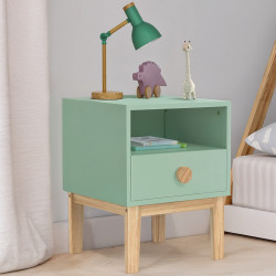 Comodino per bambini JACOB, 1 cassetto + 1 nicchia, verde acqua e legno