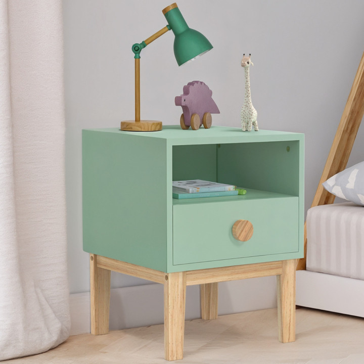 Comodino per bambini JACOB, 1 cassetto + 1 nicchia, verde acqua e legno