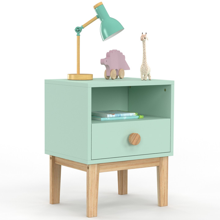 Comodino per bambini JACOB, 1 cassetto + 1 nicchia, verde acqua e legno