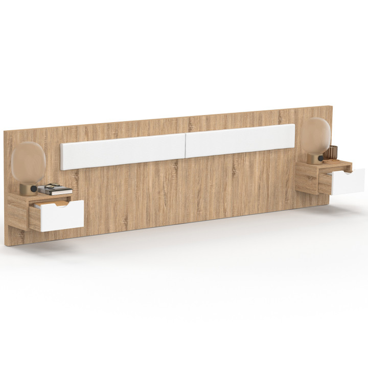 Testata sospesa SANTA con comodini per letti da 140, 160 e 180 cm in legno e bianco