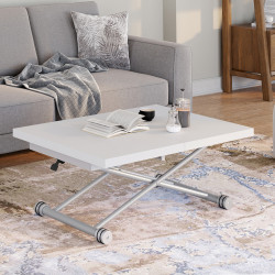 Tavolino ALTURA 100-160 cm, allungabile e trasformabile in tavolo da pranzo rettangolare, piano bianco, gambe cromate