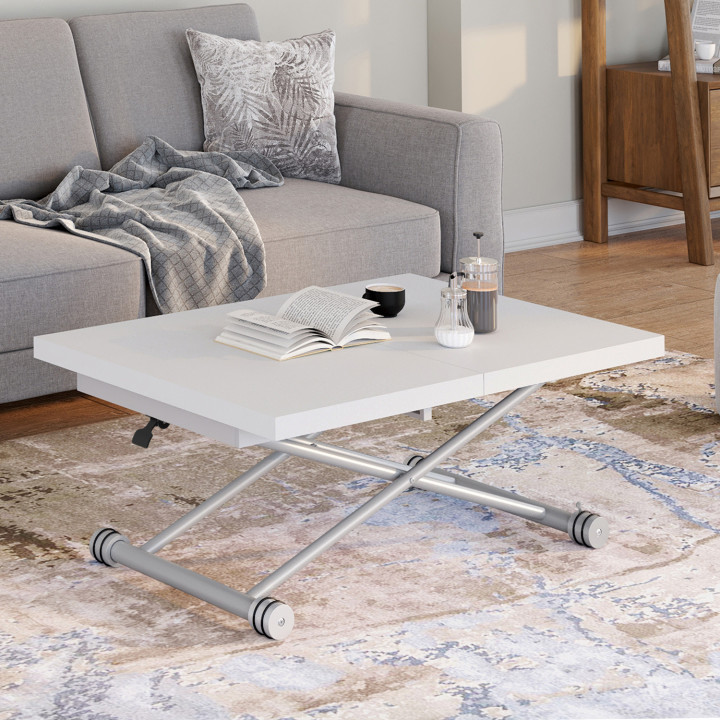 Tavolino ALTURA 100-160 cm, allungabile e trasformabile in tavolo da pranzo rettangolare, piano bianco, gambe cromate
