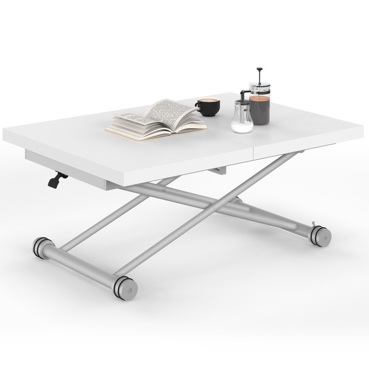 Tavolino ALTURA 100-160 cm, allungabile e trasformabile in tavolo da pranzo rettangolare, piano bianco, gambe cromate