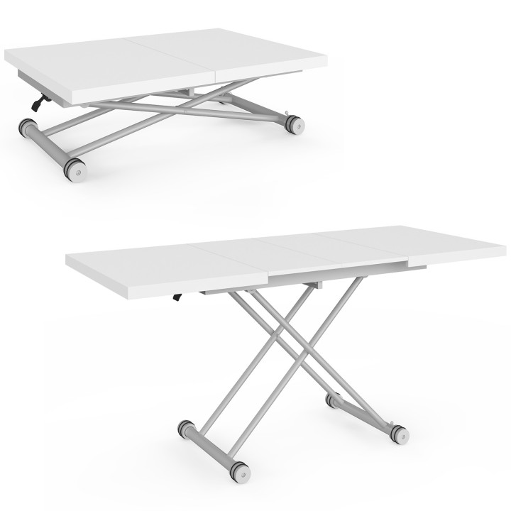 Tavolino ALTURA 100-160 cm, allungabile e trasformabile in tavolo da pranzo rettangolare, piano bianco, gambe cromate