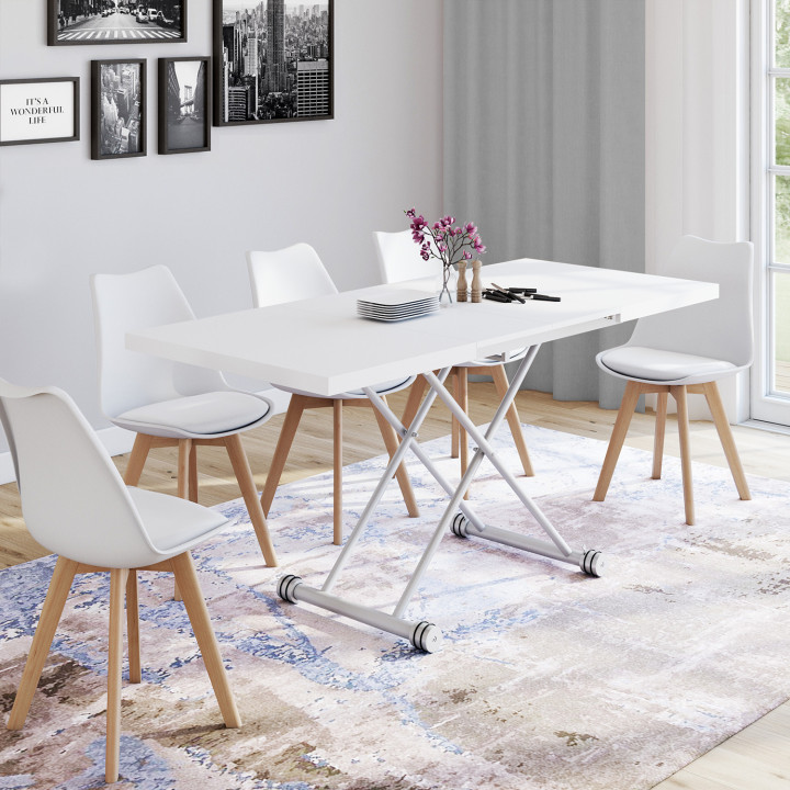 Tavolino ALTURA 100-160 cm, allungabile e trasformabile in tavolo da pranzo rettangolare, piano bianco, gambe cromate