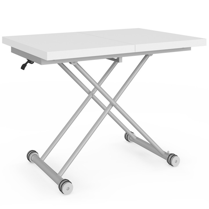 Tavolino ALTURA 100-160 cm, allungabile e trasformabile in tavolo da pranzo rettangolare, piano bianco, gambe cromate