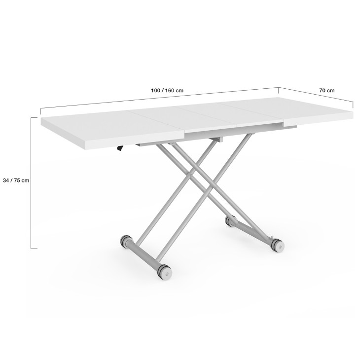 Tavolino ALTURA 100-160 cm, allungabile e trasformabile in tavolo da pranzo rettangolare, piano bianco, gambe cromate