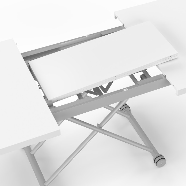 Tavolino ALTURA 100-160 cm, allungabile e trasformabile in tavolo da pranzo rettangolare, piano bianco, gambe cromate
