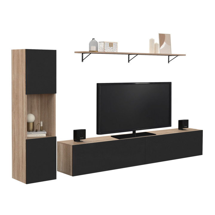 Porta TV 180 cm con colonne e ripiani in legno e nero - ELIO | Zen Cart! IDMarket