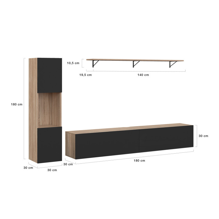 Porta TV 180 cm con colonne e ripiani in legno e nero - ELIO | Zen Cart! IDMarket
