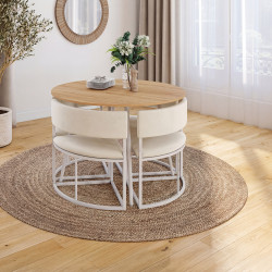 Set composto da tavolo e 4 sedie incastrabili MILENE in metallo bianco, con piano effetto faggio e rivestimento in velluto beige