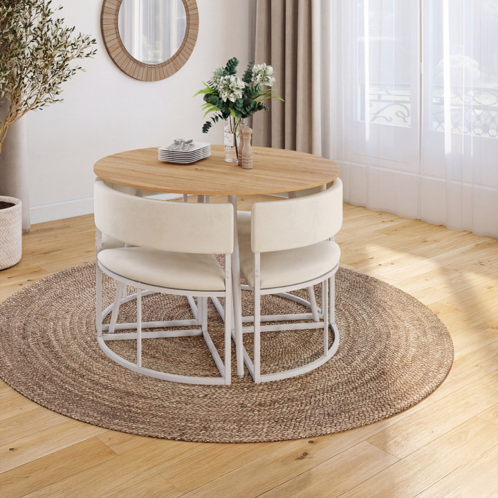 Set composto da tavolo e 4 sedie incastrabili MILENE in metallo bianco, con piano effetto faggio e rivestimento in velluto beige