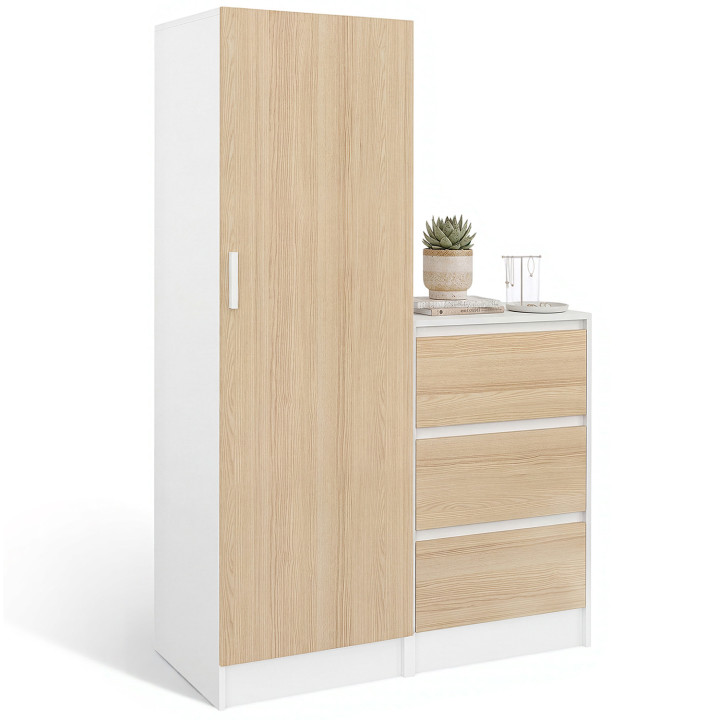 Armadio AMBRE a 1 anta con cassettiera a 3 cassetti da 100 cm componibile in faggio e bianco