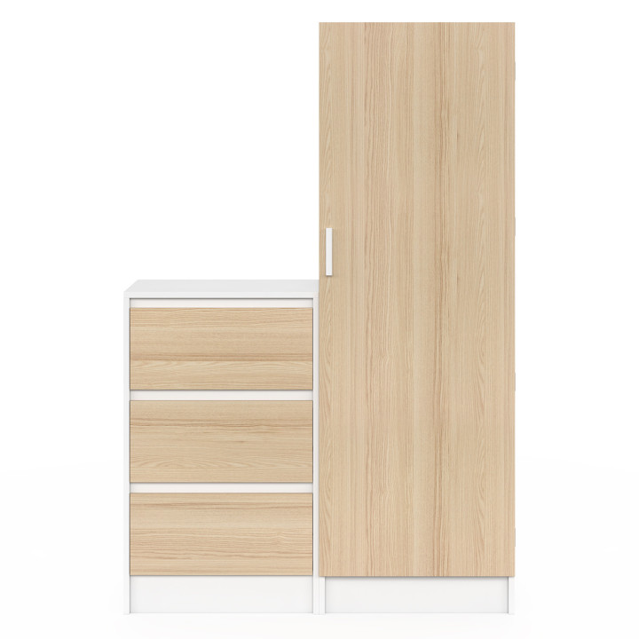 Armadio AMBRE a 1 anta con cassettiera a 3 cassetti da 100 cm componibile in faggio e bianco