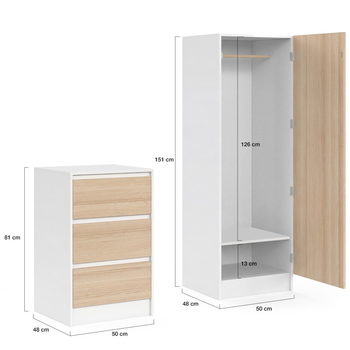 Armadio AMBRE a 1 anta con cassettiera a 3 cassetti da 100 cm componibile in faggio e bianco