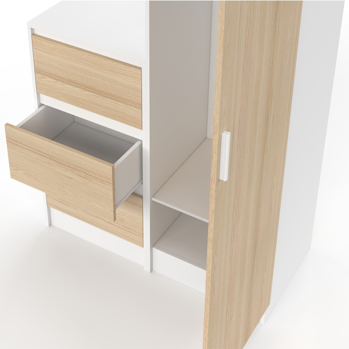 Armadio AMBRE a 1 anta con cassettiera a 3 cassetti da 100 cm componibile in faggio e bianco