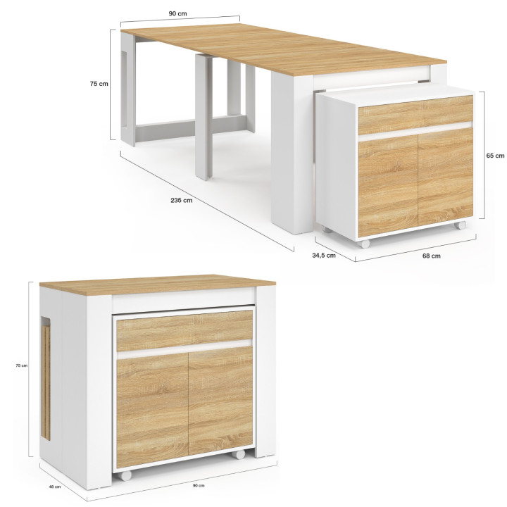 Tavolo buffet allungabile ORLANDO, 10 persone, 235 cm, legno bianco e impiallacciato faggio