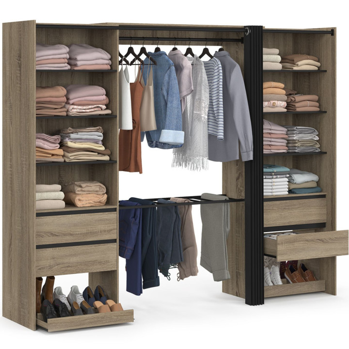 Armadio doppio XXL 220 cm in faggio con appendiabiti + ripiani + cassetti + porta scarpe e nero - MERYL | IdMarket
