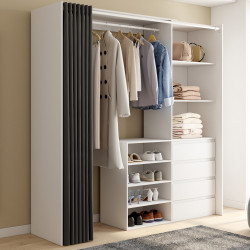 XXL MARTY 120/170 x 50 x 180 cm armadio estraibile bianco con 4 cassetti + ripiani + appendiabiti + tenda grigia