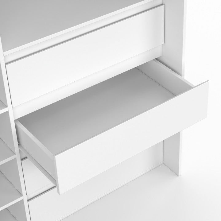 XXL MARTY 120/170 x 50 x 180 cm armadio estraibile bianco con 4 cassetti + ripiani + appendiabiti + tenda grigia