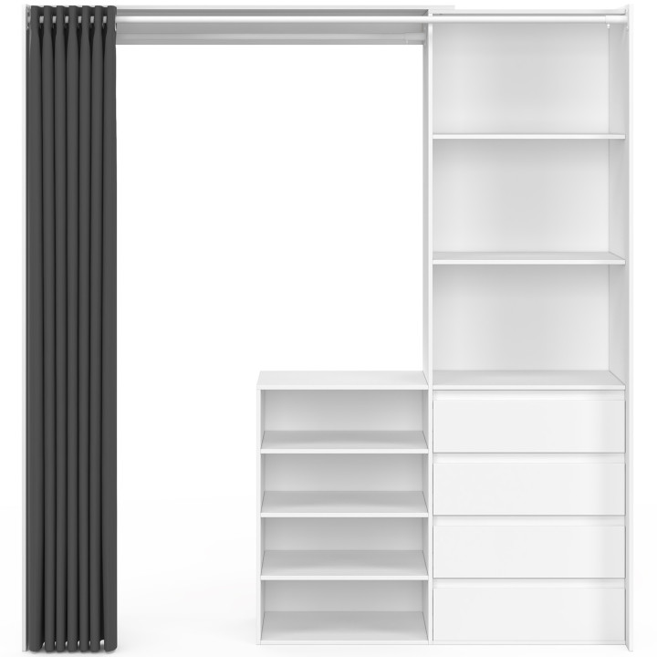 XXL MARTY 120/170 x 50 x 180 cm armadio estraibile bianco con 4 cassetti + ripiani + appendiabiti + tenda grigia