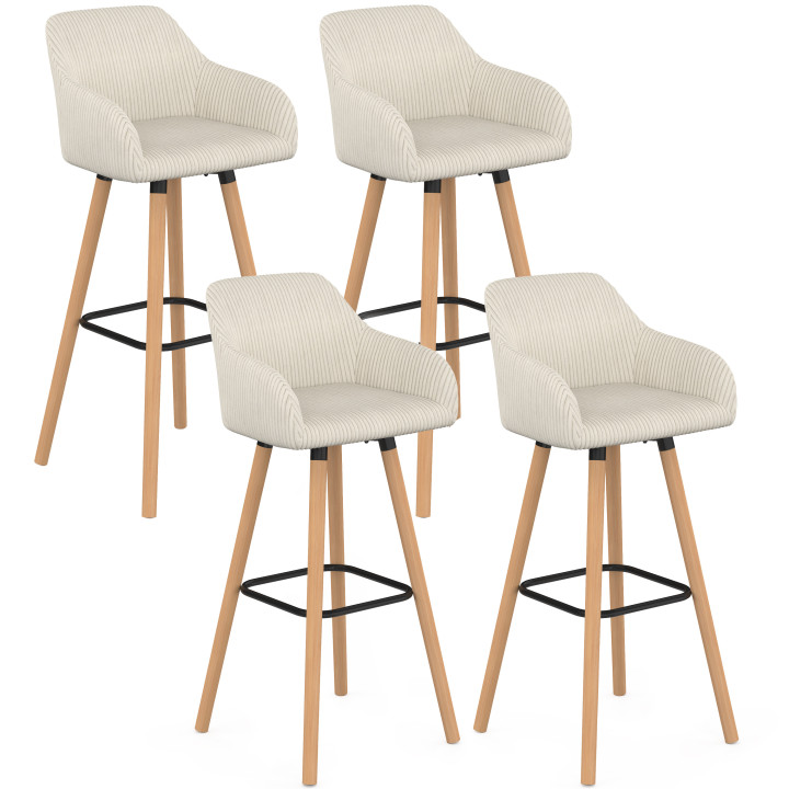 Set di 4 sgabelli da bar JANY girevoli con braccioli in velluto a coste beige e gambe in legno