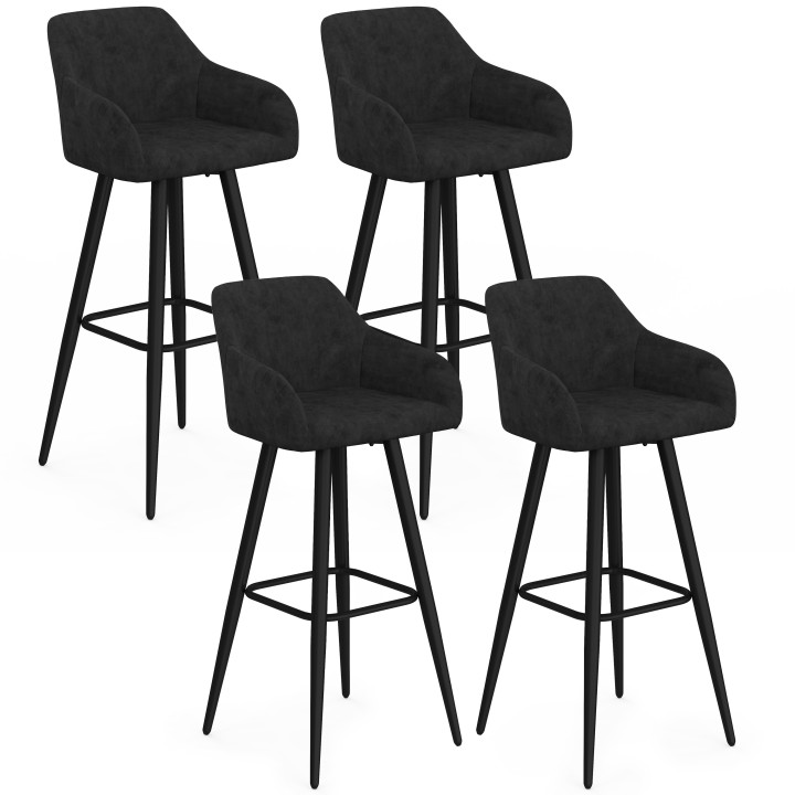Set di 4 sgabelli da bar JANY girevoli con braccioli in velluto a coste nero e gambe in legno nero