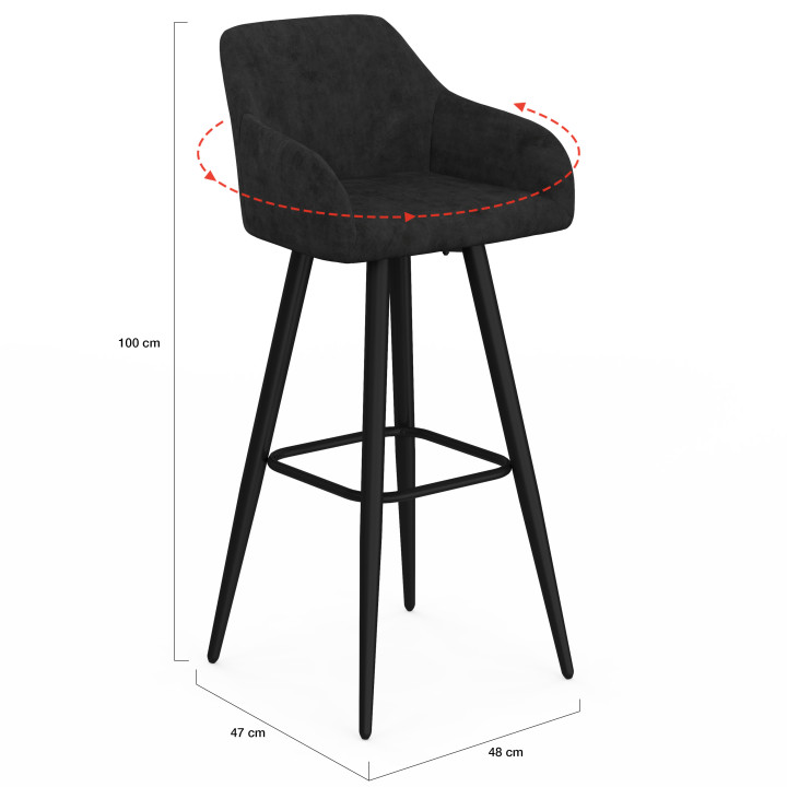 Set di 4 sgabelli da bar JANY girevoli con braccioli in velluto a coste nero e gambe in legno nero