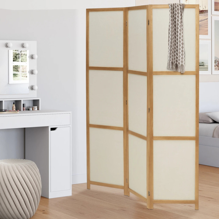 Paravento pieghevole per interni in legno e tessuto beige | ID Market