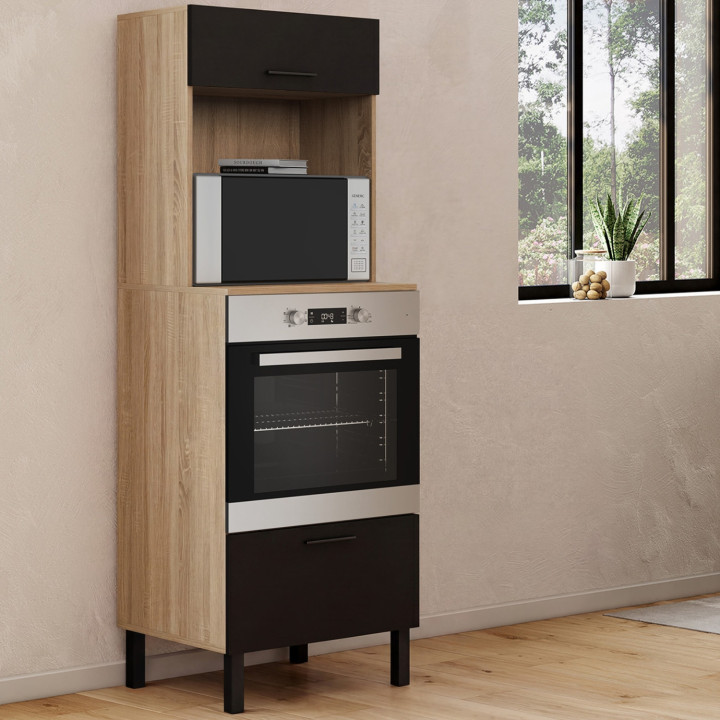 CINA Armadio forno/microonde a colonna da 60 cm a 2 porte, nero e faggio