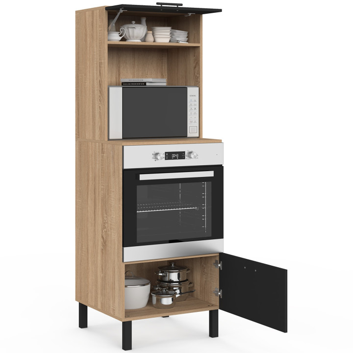 CINA Armadio forno/microonde a colonna da 60 cm a 2 porte, nero e faggio