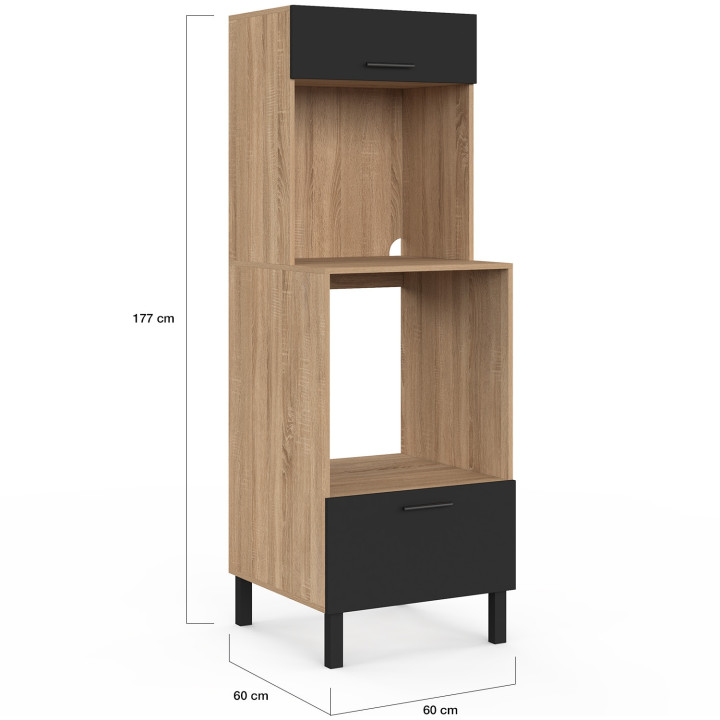 CINA Armadio forno/microonde a colonna da 60 cm a 2 porte, nero e faggio