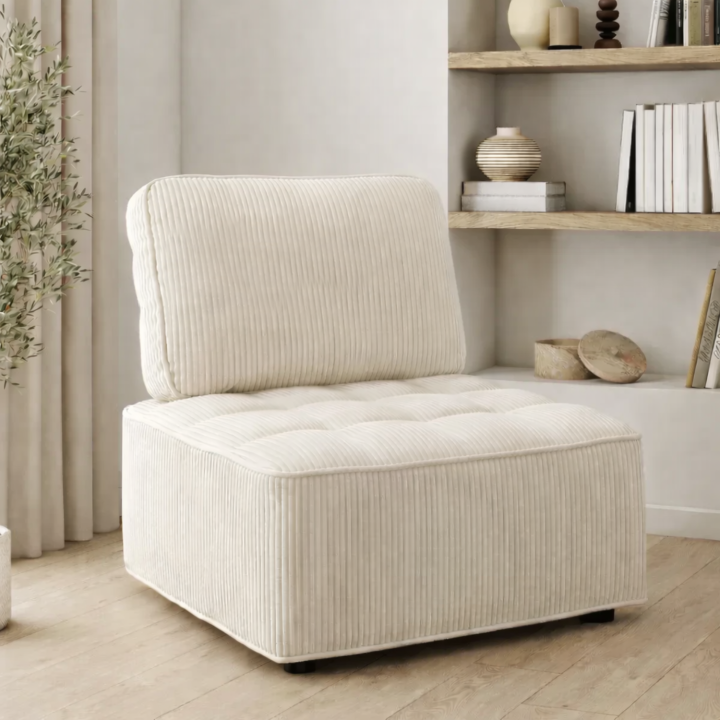 Modulo divano e poltrona in velluto a coste beige | IdMarket